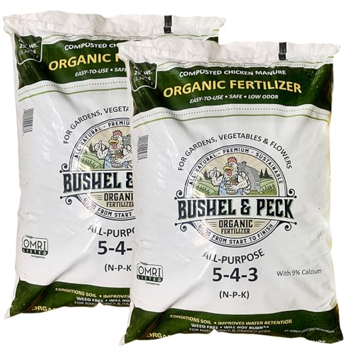 Bushel & Peck Organic Compost Fertilizer 5-4-3 - Pelleted Poultry Manure | OMRI Listed | Natural Soil Amendment for Gardens, Flowers, Vegetables & Lawns (50 Pounds (2 Bags))