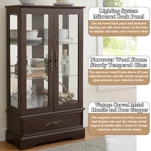 Image of 47 inch H Lighted Curio Cabinet Display Case, Glass Case with Adjustable Shelves,Tempered Glass Door and Drawer, Wooden Curio Cabinet with Mirrored Back Pane for Living Room (Dark Cherry)
