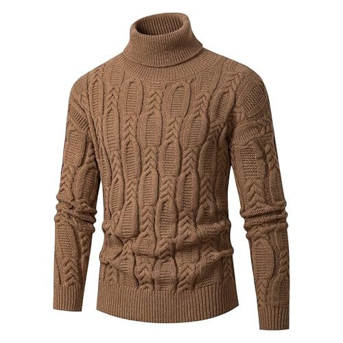 Qolkmuiy-GJ Men's Slim Fit Turtleneck Pullover Casual Warm Twisted Sweaters Solid Knitted Long Sleeve Sweatshirt (Brown,XX-Large)