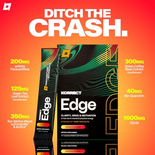 Image of Korrect Edge Paraxanthine Powder, Caffeine Alternative, 15 Ct (Mango) | Energy Powder Supporting Focus, Mental Clarity, Sustained Energy, Caffeine Alternative, Vegan, Gluten Free, Non-GMO