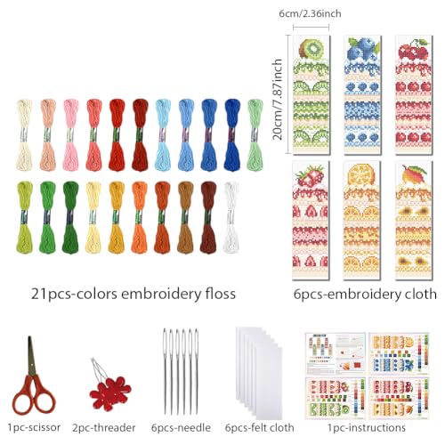 Image of FREEBLOSS 6pcs Fruit Cake Cross Stitch Bookmark Kit 11CT Stamped Cross Stitch Kit DIY Embroidery Bookmarks Set with Felts Backing Instructions for Adult Beginners 8 inchx2.4 inch