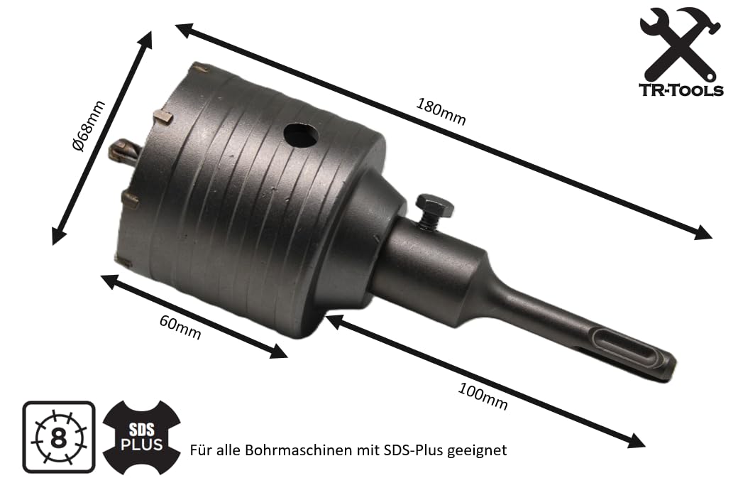 68mm Bohrkrone SDS Plus- verstärkte Bauart - Hammerschlagfest - 4 Schneiden Zentrierbohrer - Dosenbohrer - Bohrkrone Steckdose für Mauerwerk und Beton