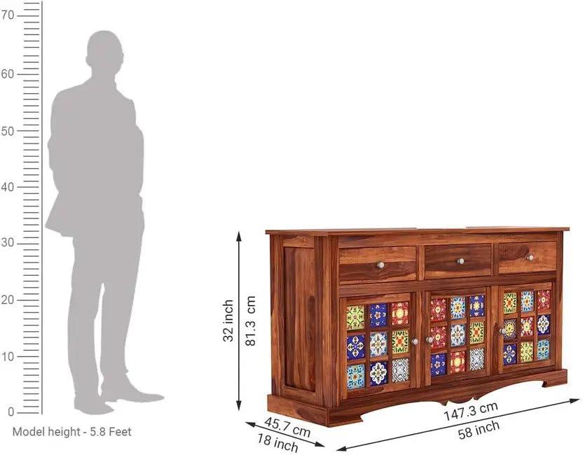 Image of Solid Sheesham Wood Sideboard Cabinet Storage with 3 Door & 3 Drawer Wooden Storage Organizer Cabinet for Home Kitchen Living Room Bedroom Hallway Dinning | Natural Honey Finish | Pre-Assembled
