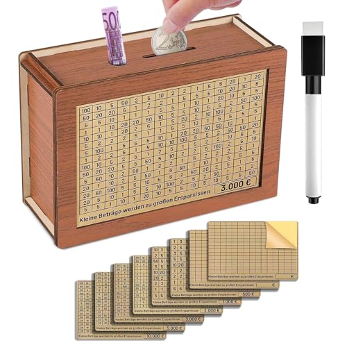 Caja Ahorro de Madera NHDDGR con Objetivos Goalsaver Box Números para Marcar 500€ 1,000€ 3,000€ 5,000€ 8,000€ 10,000€, en Madera con Marcado Removible y Reutilizable
