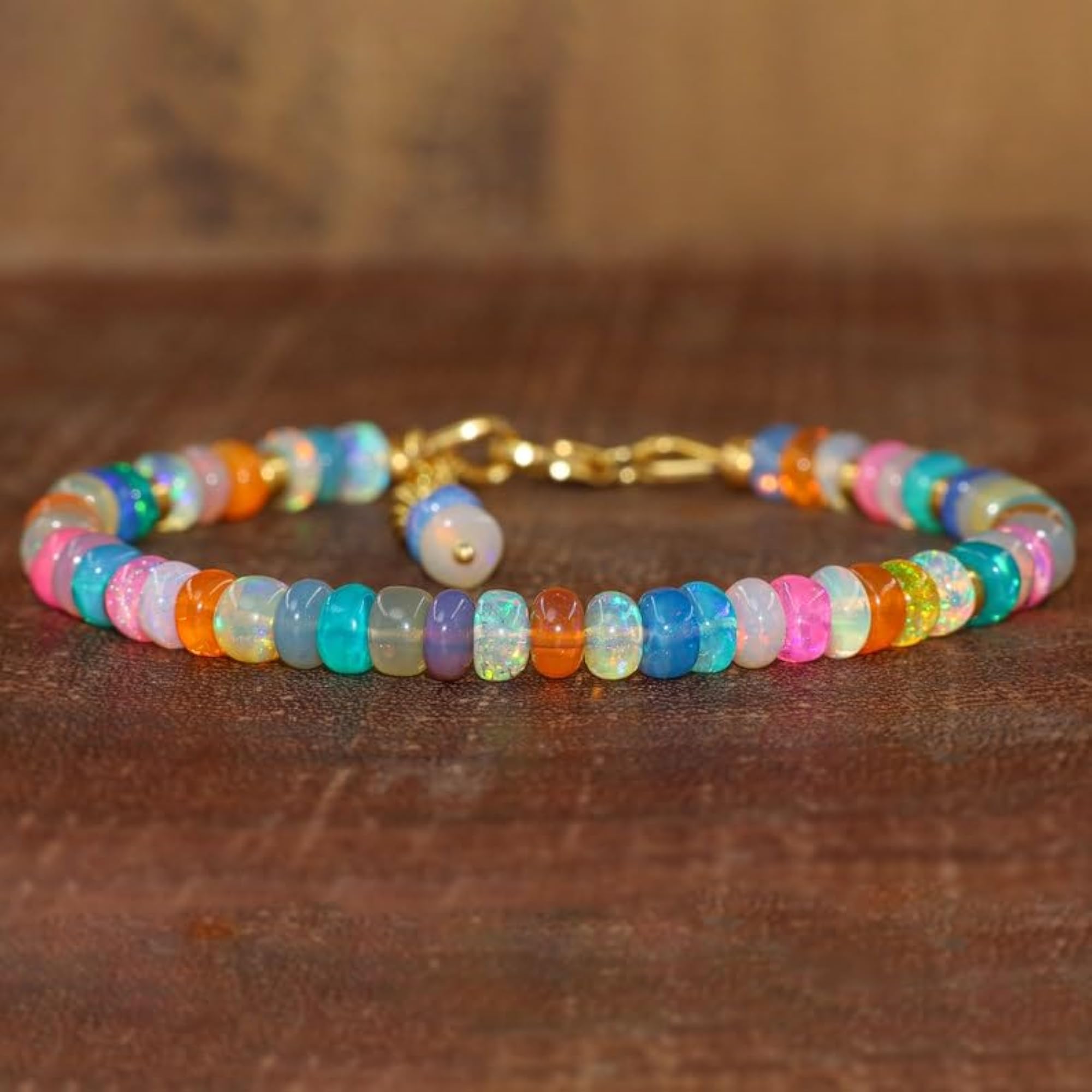 Ethiopian Multi Opal Rondelle Beaded Bracelet with Gold Lock