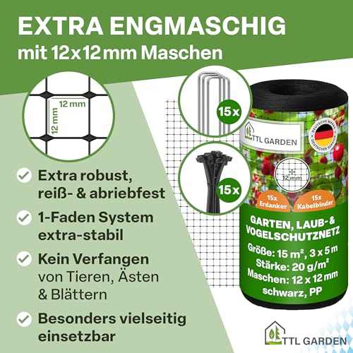 TTL GARDEN 3x5m Vogelschutznetz 20g/m² schwarz engmaschig 12x12mm Masche -