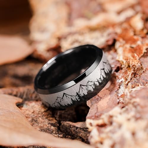 King Will Mens 6mm 8mm Black Silver Tungsten Carbide Wedding Bands Inlay Lasered Seagull/Forest Landscap/Panda/Deer/Hunting/Fly Fishing Brushed Wedding Rings for Men Women3