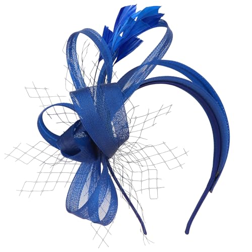 AMCAMI Fascinators Hats with Feather for Women 2025 Derby Hats Small Tea Party Hat with Headband(Blue)