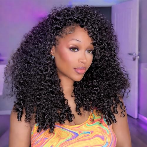 Image of Celiarita Burmese Curly Half Wig Human Hair 20 Inch Wear and Go Glueless Wigs Human Hair Curly 3 In 1 Half Wigs for Women Drawstring Seamless Flip Headband Wig Beginner Friendly