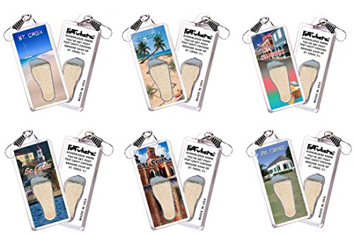 St. Croix FootWhere® Souvenir Lanyards. 6 Piece Set. an Ensemble of Authentic Destination Souvenir acknowledging Where You've Set Foot. Genuine Sand of St. Croix Inside Foot Cavity. Made in USA