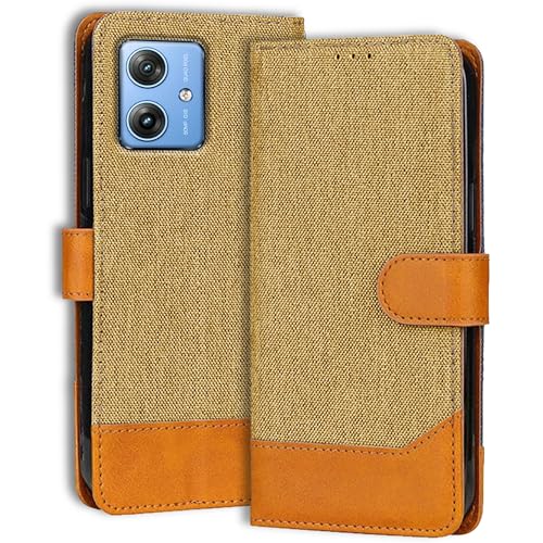 Image of Moto G54 5G Versatile Flip Cover Wallet | Kickstand Function & Multiple Card Slots | Modern Denim & Vegan Leather Case Back Flip for Moto G54 5G | Light Brown