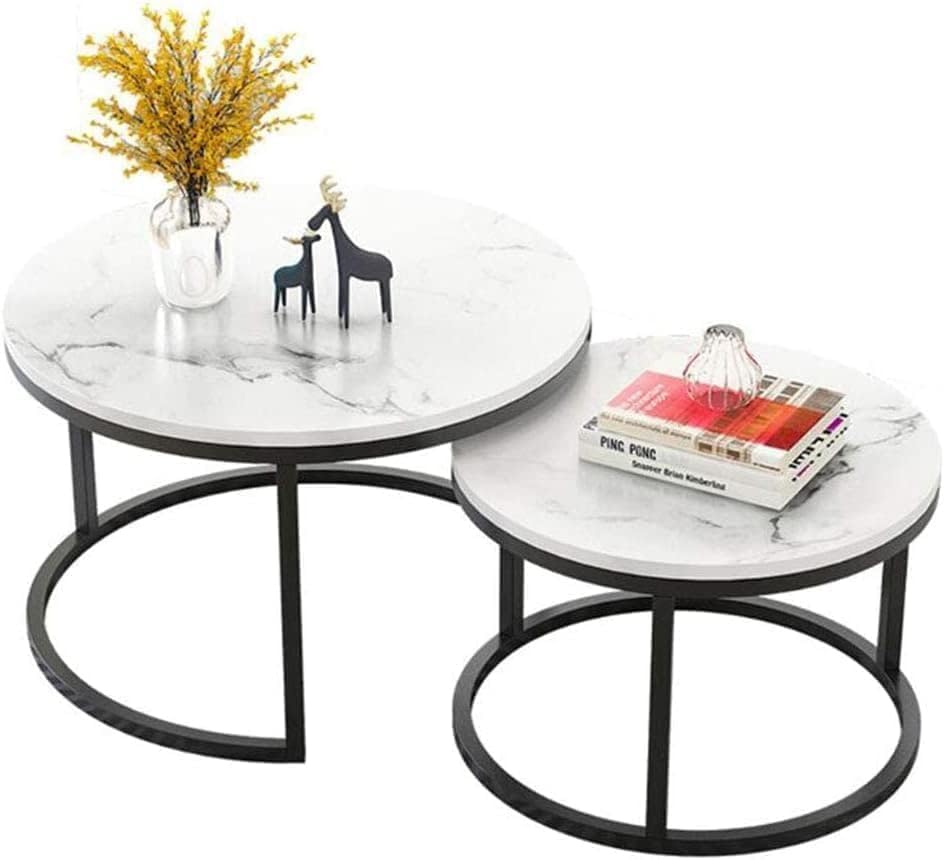 Image of Furniture Cafe Round Nesting Coffee Table Set of 2 - White Marble Finish with Black Metal Frame for Living Room