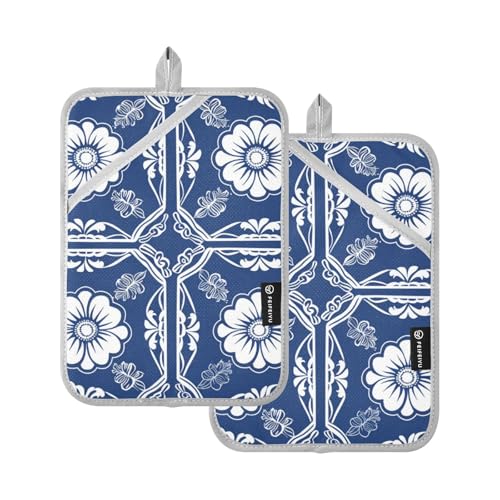 Sottopentole in porcellana cinese blu e bianca per cucina, resistenti al calore, con tasche, confezione da 2