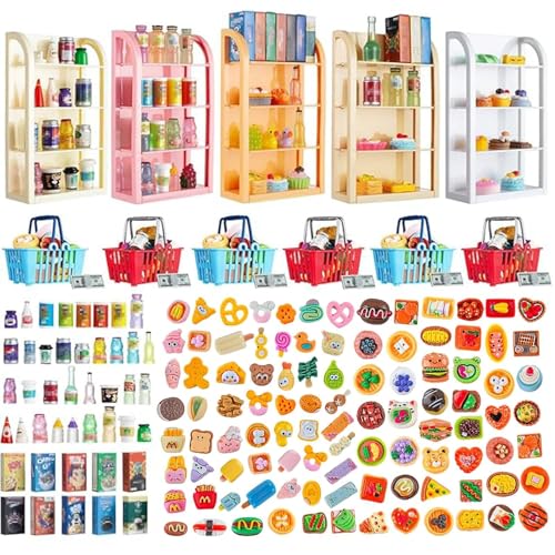 164pcs Miniature Supermarket Shelves Furniture Model 4 Layers Shelf Display Rack Doll House Accessory Storage Bookshelf Accessories Mini Locker Decor Food Drink Bottle Toy Cosplay Game Party
