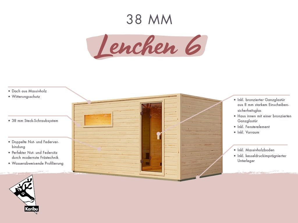 Karibu Gartensauna 396,1x224,9x212,4cm│Außensauna mit Vorraum│mit bronzierter Glastür & 2 Liegen│Fronteinstieg│Massivholz│für 2–4 Personen + Boden
