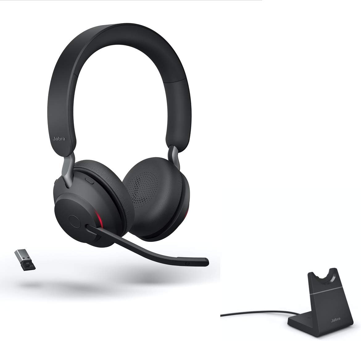 Jabra Evolve2 65 Bluetooth PC Headset - Charging Headphone Stand Bundle, USB Dongle, Compatible with Zoom Video, MS Teams, Webex, Enhances Audio on Phone Calls, 26599-989-989, Global Teck Gold Support