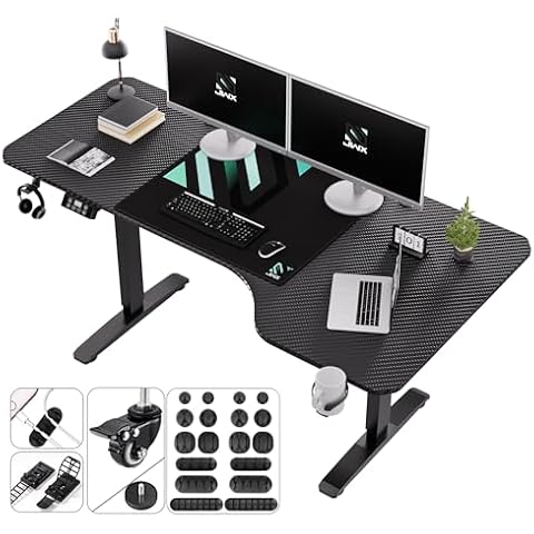 JWX Standing Adjustable Desk, 63 inches L Shaped Electric Standing Gaming Desk with Locking Wheels, Cup Holder, Headphone Hook, Cable Manager, Mouse pad, Carbon Fiber Textured Pane Cover