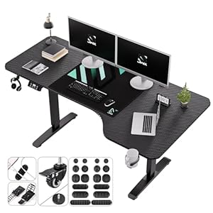 JWX Standing Adjustable Desk, 63 inches L Shaped Electric Standing Gaming Desk with Locking Wheels, Cup Holder, Headphone Hook, Cable Manager, Mouse pad, Carbon Fiber Textured Pane