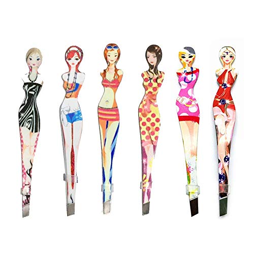 Eyebrow Tweezers Pinkiou Professional Slant tip Brow Clip Hair Removal Makeup Tool with Printed Beauty Cover Cosmetic 6 style pack of 6 pcs (Bikini)