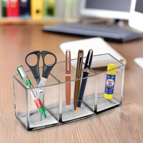 Image of GROB Prismo Multipurpose Transparent Acrylic Organizer| 3-Compartment Stationary Holder, Makeup Brush Container, Cosmetics holder for Desk or Vanity| Smart Living Product