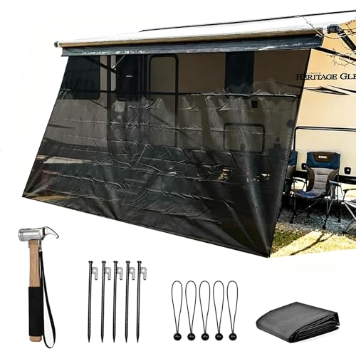 RV Awning Sun Shade Screen with Zipper, 9'x17'3' Black Mesh Camper Awning Screen, UV Protection Privacy Sun Blocker, Universal for Trailer Motorhome RV, Includes Ground Stake & Hammer Installation Kit
