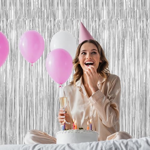 Image of 12 Pack Silver Backdrop. 3.28 FT x 7.05 FT Birthday Decorations, Metallic Silver Fringe Backdrop Foil Curtains Tinsel, Disco Party Decor Photo Booth Props Door Decorations Hanging