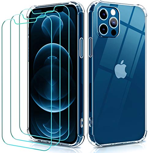 ivoler Coque pour iPhone 12 Pro/iPhone 12 6.1 Pouces + 3X Film Protection écran en Verre trempé, Ultra Transparente Silicone en TPU Souple Coque de Protection avec Absorption de Choc et Anti-Scratch