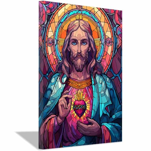 ZAMAEIU Cuadro sobre Jesús Revelando la tristeza del corazón Impresiones En Lienzo Póster Jesús Religioso para Baño Sala de Estar Pasillo Pasillo del dormitorio（multicolores-30x50cm Enmarcado