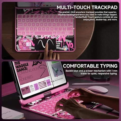 Image of Transparent Case with Keyboard for iPad Pro 13 inch (M5 /M4, 2025 /2024), iPad Pro 13,7-Color Backlit,Magic Wireless Keyboard, 360Rotating,Multi-Touch trackpad,Pencil Holder,with Shortcuts,Pink