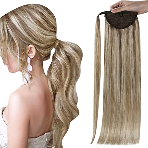 Full Shine Ponytail Extension Human Hair Ponytail with Clip Real Human Hair Ponytail 80 Grams Ash Brown Highlighted Platinum Blonde 16 Inch Hair Ponytail Hair Piece for Women