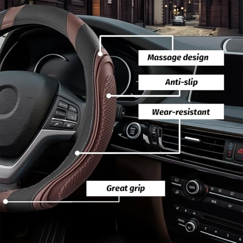 Image of Osilly 15 Inch Car Leather Steering Wheel Cover, Automotive Accessories Elastic Breathable Anti-Slip Soft Wheel Protector Fits Men and Women, Suitable for SUVs, Trucks, Vehicles and RVs (Coffee)