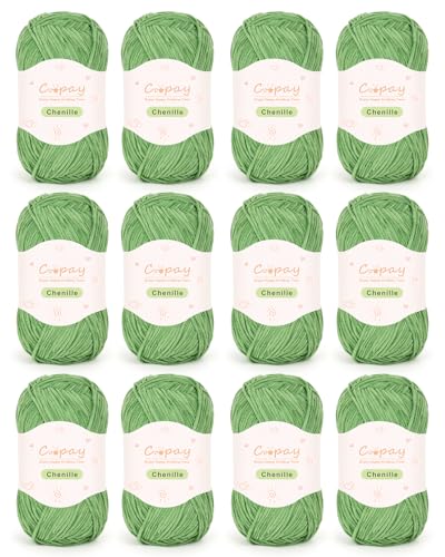 Image of Coopay Skinny Chenille Yarn for Crocheting and Knitting, 12 Pack of 50g /1.76oz - 1764yd Total, Crochet Yarn of Light Weights - Suitable for Baby Blankets, Plush Toys, Garments - Super Soft (Green)