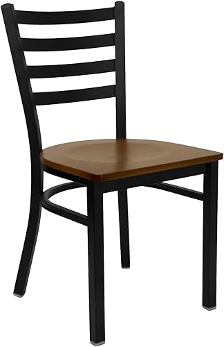 Miniatura 6 de Flash Furniture HERCULES Series - Silla de restaurante de metal con respaldo de escalera negra, 2 unidades, asiento de madera de cerezo