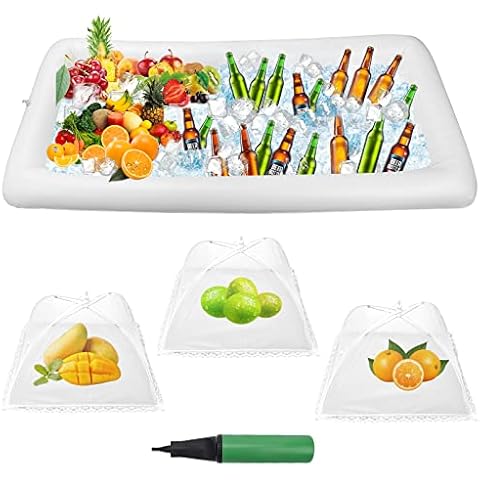Inflatable Serving Bar Kit 1+4Pcs, Luxiv Salad Food Drinks Tray for Picnic Pool Cooler Ice Buffet Party Camping Inflatable Salad Serving Trays with Drain Plug, 3 Pcs Pop-up Food Mesh Cover, Inflator Cover