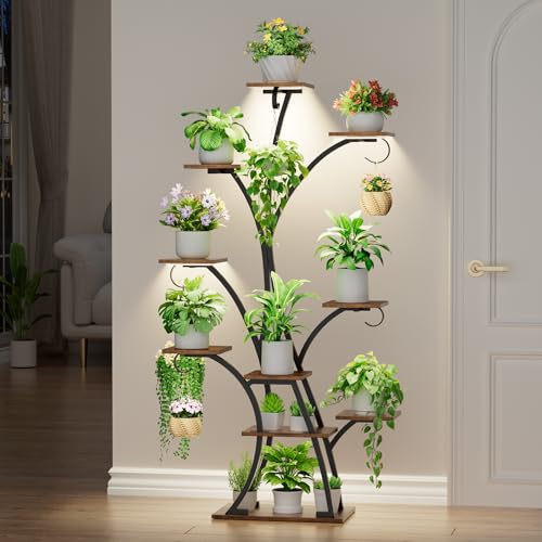 Image of Plant Stand Indoor with Grow Lights - Lighted Plant Shelf Indoor, 64 inch Tall Corner Plant Stands for Indoor Growing, 10 Tier Flower Display Shelf, Large Tree-Shaped Holder for Home, Living Room, Black