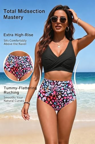Image of Yonique High Waisted Two Piece Swimsuit-Womens Bikini Set Tummy Control Bathing Suit Modest Full Coverage Bikini 2025