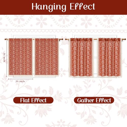 Image of Yinhua Boho Kitchen Curtains 36 Inch Length Vintage Linen Burnt Orange Cafe Curtains Light Filtering Floral Tier Rod Pocket Farmhouse Rustic Tassel Terracotta Small Drapes with Tiebacks, 2 Panels