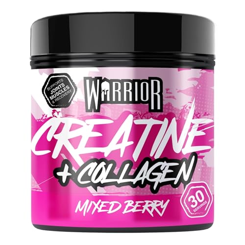 Warrior Kreatin Monohydrat + Kollagen Pulver 270 g, 30 Portionen – Creatin mit hydrolysierten Kollagenpeptiden für Frauen, Booty Builder, Hautstraffung, Haare, Nägel & Gelenke – Mixed Berry
