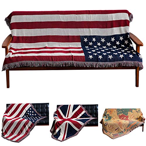 Haokaini Mantas de La Bandera Americana Cama Sofá Cubierta Del Sofá Algodón Tejido Tiro Silla Manta con Borlas Colcha Cubierta Del Sofá Patriótico para La Decoración de La Casa 130X180cm