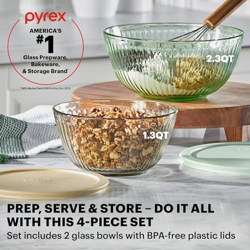 Pyrex Colors Tinted (3-Pack, Full Set) Sculpted Tinted Glass Mixing Bowls With Lids, Nesting Space Saving Set of Bowls For Prepping and Baking, 1.3QT, 2.3QT & 4.5Q - Thumbnail 4