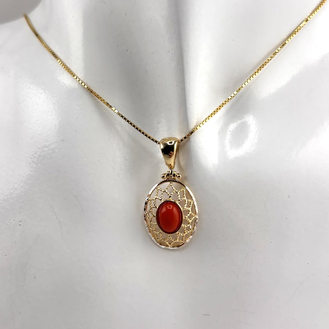 Ciondolo elegante in argento 925 dorato filigrana con corallo rosso naturale del Mediterraneo catenina veneziana 45 cm gioiello donna ragazza elegante artigianale