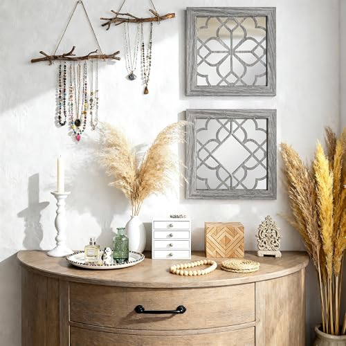 HMANGE Boho Wall Mirror Decor, Set of 2 Rustic Farmhouse Accent Mirrors 12x12 Inch, Square Acrylic Shatterproof Vintage Style Mirror for Wall, Small Decorative Mirrors for Living Room, Bedroom, Brown — view 2