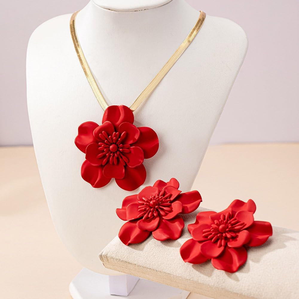 Vintage Flower Necklace Earring Set Gold Snake Chain Necklace Bohemian Red Flowers Choker Necklaces Hypoallergenic Statement Flower Stud Earrings Elegant Bridal Wedding Summer Beach Jewelry - Image 5