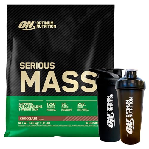 Optimum Nutrition Serious Mass Gainer Molkenproteinpulver für den Aufbau von Muskelmasse mit Kreatin, Glutamin und Vitaminen Schokolade 5.45kg 16 Portionen + SHAKER