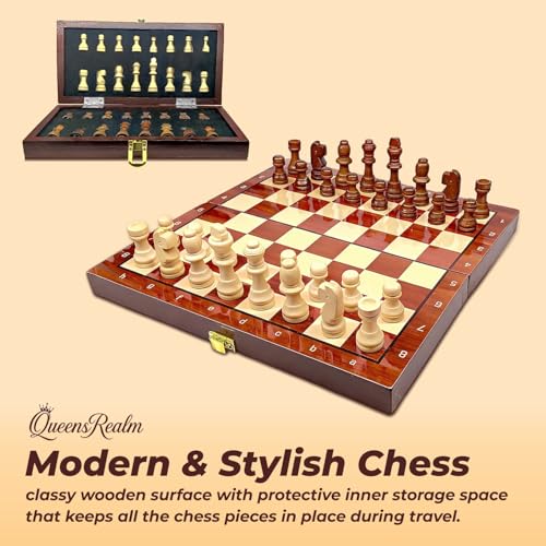 Image of QueensRealm 10 Inch Chess Board Set Wooden Handmade Magnetic Foldable Chessboard for Kids & Adults, Compact & Portable Travel Chess with Inbuilt Storage 2 Players Board Game(10 Inch x 10 Inch- Wooden)