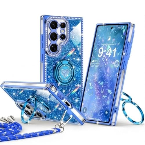 XYZ for Galaxy S26 Ultra Case, Glitter Bling Phone Cover with 2-Ring Heart Stand & Lanyard, Women Girls Luxury Rhinestone Shockproof Protective Case para Samsung S26 Ultra, Blue