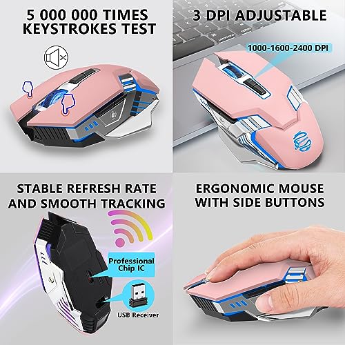 Image of Bluetooth Wireless Gaming Mouse, RGB Rechargeable USB Wireless Mouse, Quiet Click, LED Backlit, Ergonomic, with Side Button, DPI Adjustable Computer Mice for Laptop PC MacBook Chromebook - Pink