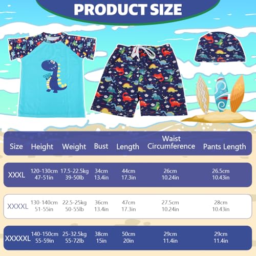Image of PROBEROS Kids Swimming Suit Set of 3 for Boys, Cartoon Dinosaur Swim Top, Shorts and Swim Cap, Elastic Drawstring Shorts, Quick Dry Polyester Swimsuit for Swim Class, Beach, Pool
