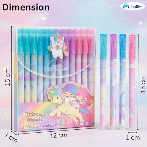 Image of FunBlast Unicorn Erasable Gel Pens - Pack of 12 Pcs Pens 0.5mm, Erasable Pens with Magic Eraser, Smooth Writing Gel Pen, Stationery for School & Office - Blue Ink