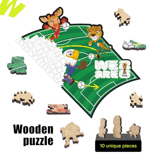 Image of FIFA World Cup 2026 Mascot Wooden Jigsaw Puzzle for Kids & Adults, USA - Canada - Mexico Mascot 200 Pieces, Unique Shape Puzzle, Officially Licensed, Sports Gift for Fans, 5MM Thick,We are 2026 | Wooden Jigsaw Puzzle